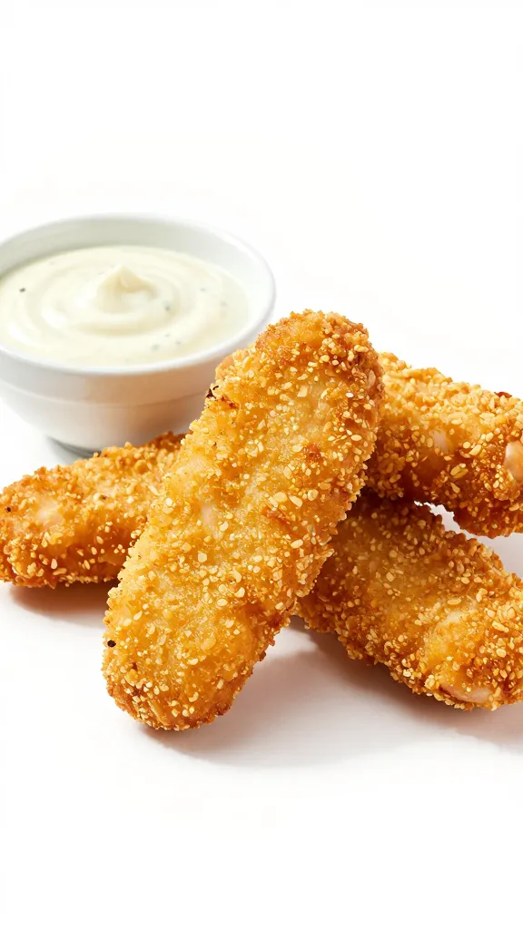 plated gluten-free chicken tenders with dipping sauce, studio lighting