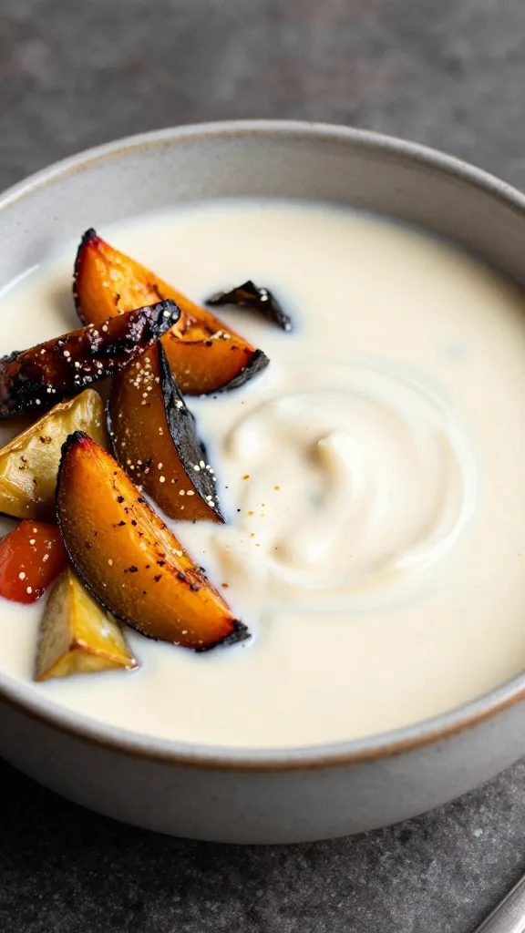 Rustic bowl with cream-free soup and roasted veggies