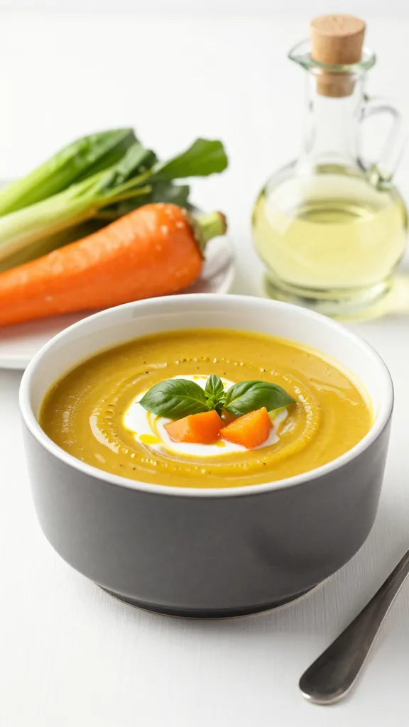 Studio shot: velvety soup, colorful vegetables, glass of oil