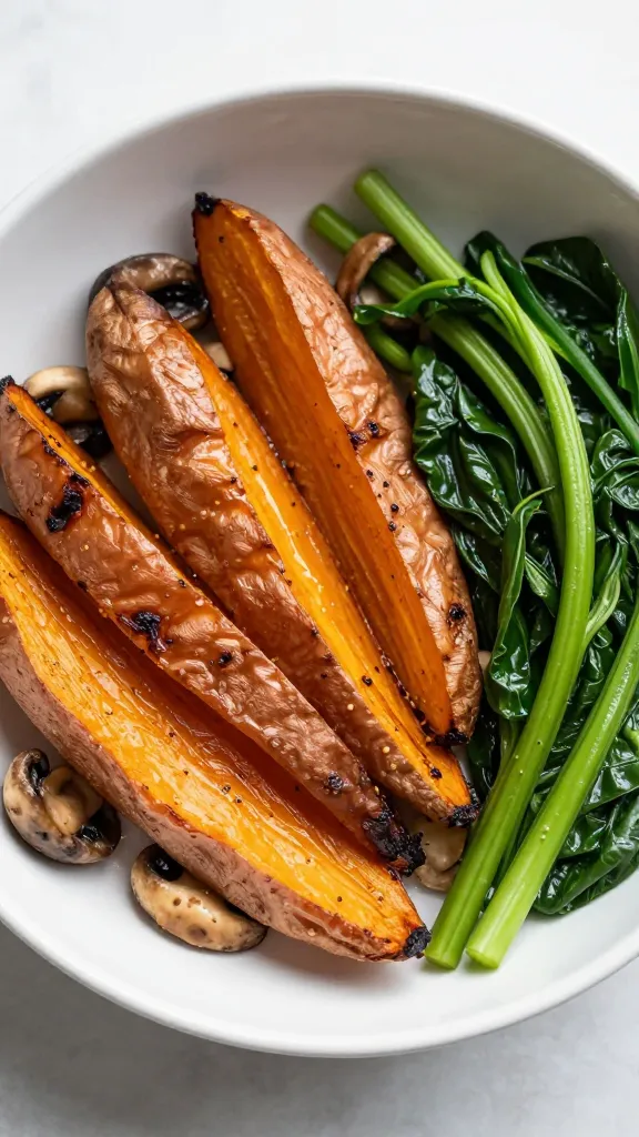 Roasted sweet potatoes bowl with mushrooms and greens