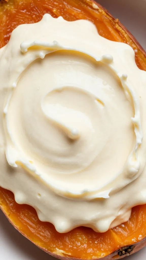 Close-up of creamy plant-based toppings on sweet potato bowl