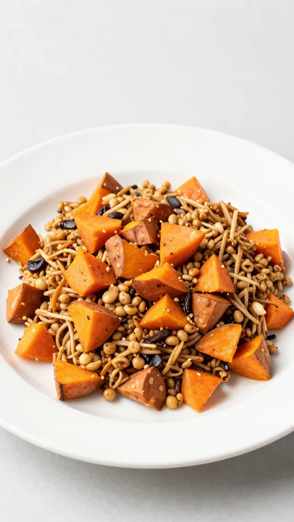 Studio shot of savory sweet potato breakfast bowl on white plate