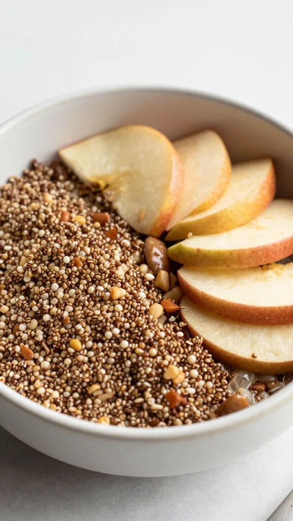 Quinoa apple cinnamon breakfast bowl in ceramic bowl