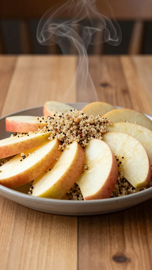 Steam rising quinoa with apple slices on wooden table