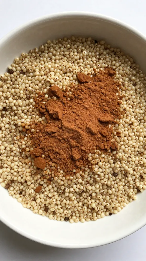 Top-down shot of quinoa bowl with cinnamon dusted garnish
