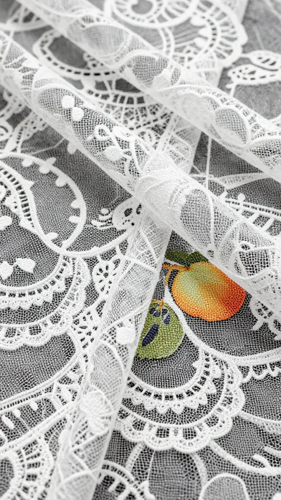 Close-up: delicate lace crepe folding with fruit