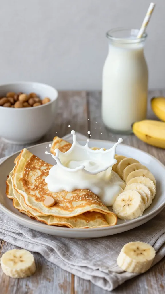 Rustic brunch setup: crepes, yogurt, bananas, milk splash