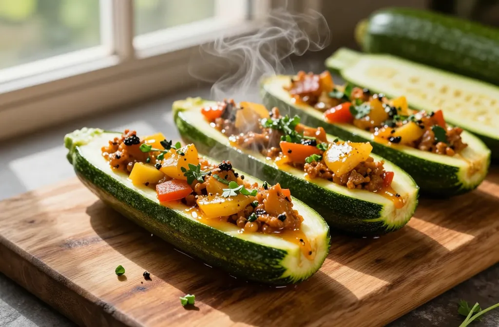 Zucchini Boats with Spiced Veg Filling