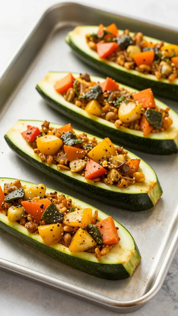 Zucchini boats with spiced veg filling, baking tray