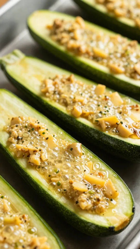 Close-up: bronzed zucchini boats, bubbling filling
