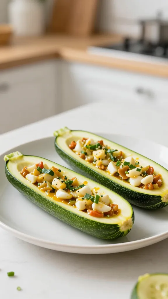 Plate of ready zucchini boats, bright cozy kitchen vignette