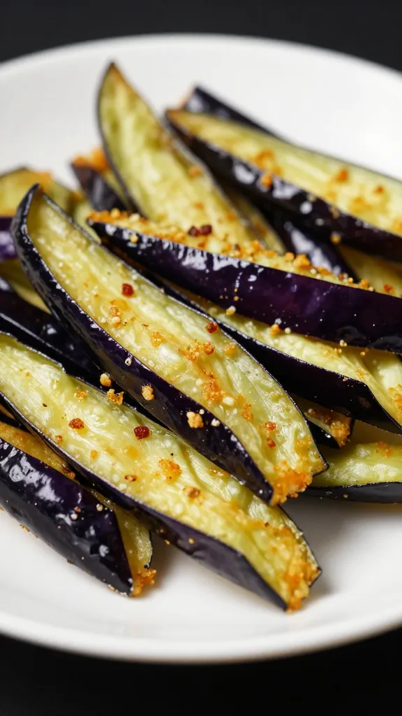 Air-fried eggplant chips on white ceramic plate, macro shot