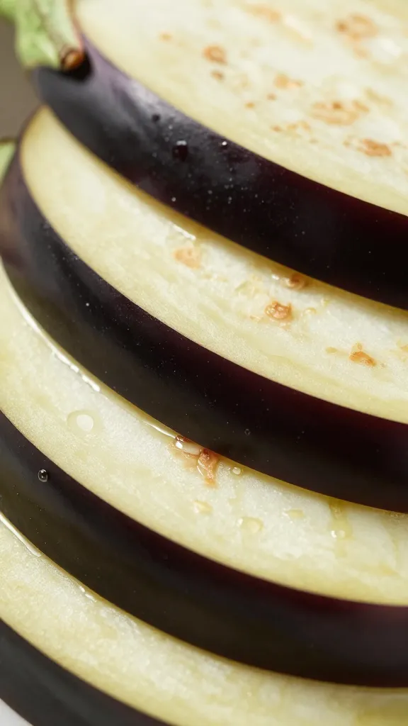 Close-up of glossy eggplant slices with light spray oil