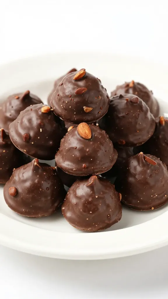 Dark chocolate almond clusters on white ceramic plate
