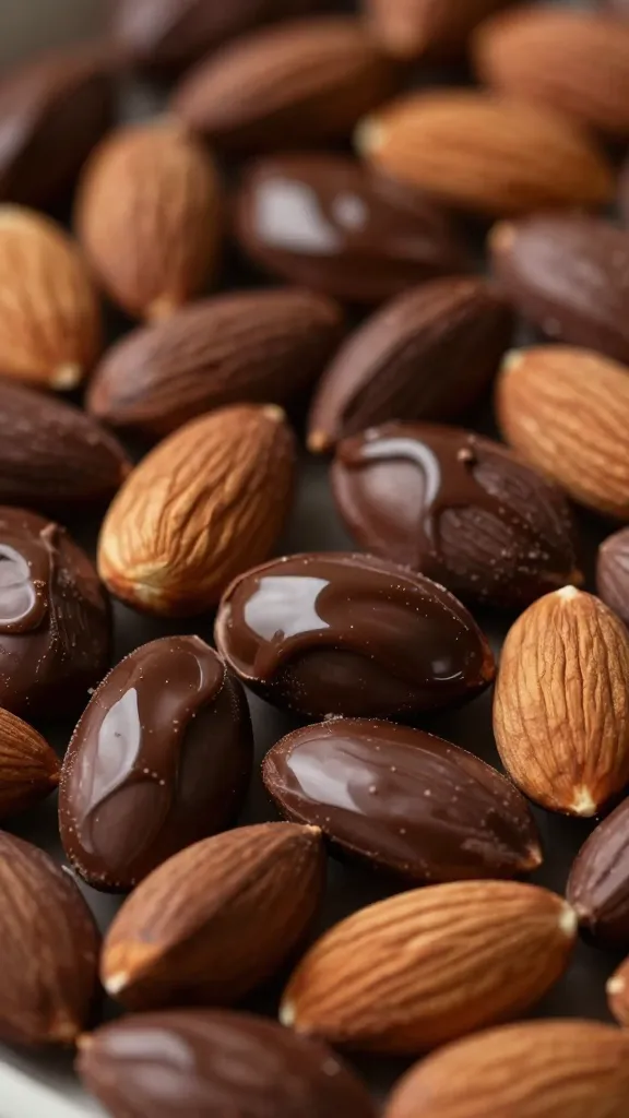 Close-up of glossy dark chocolate with almonds cluster