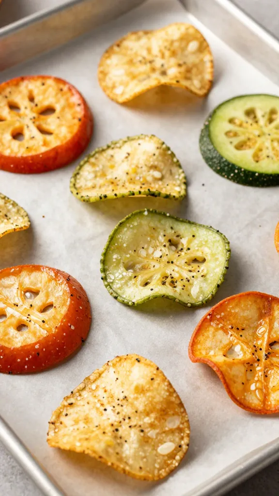 Baked colorful veggie chips on a sheet pan