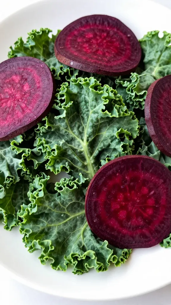 Close-up of crisp kale and beet chips on white plate