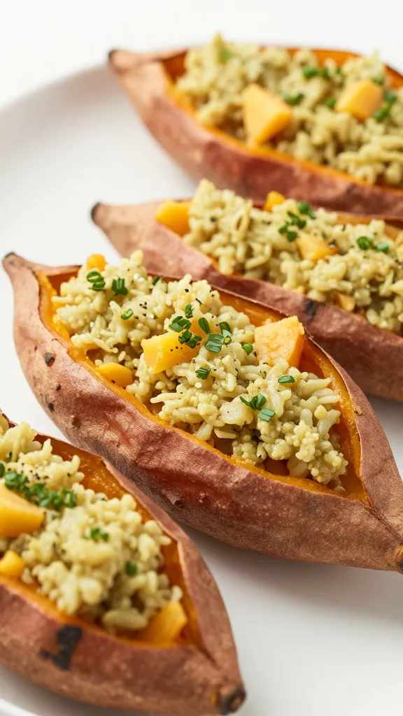 Gluten-free stuffed sweet potato boats, close-up Studio lighting