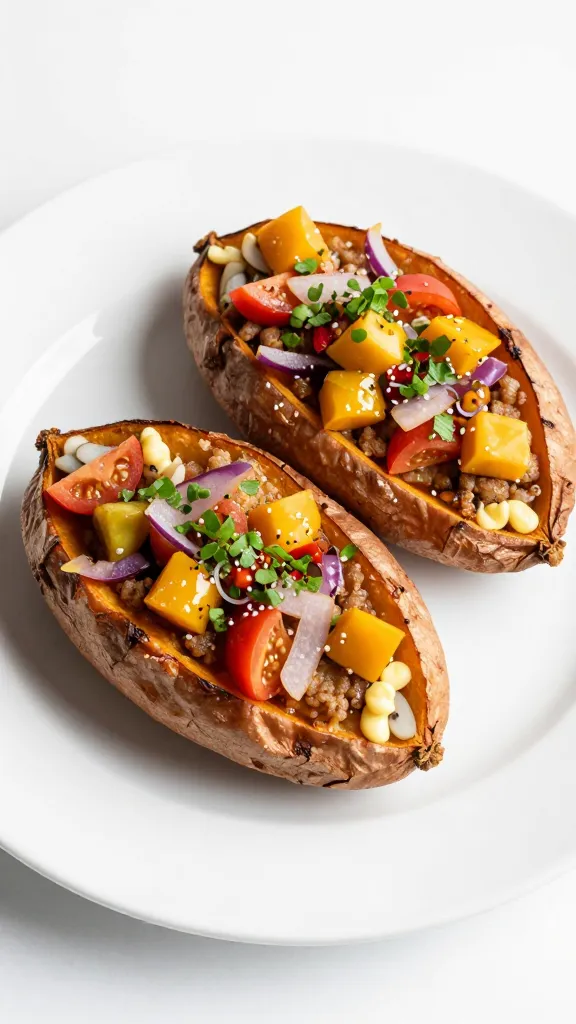 Tex-Mex stuffed sweet potato boat halves, vibrant toppings, clean white plate