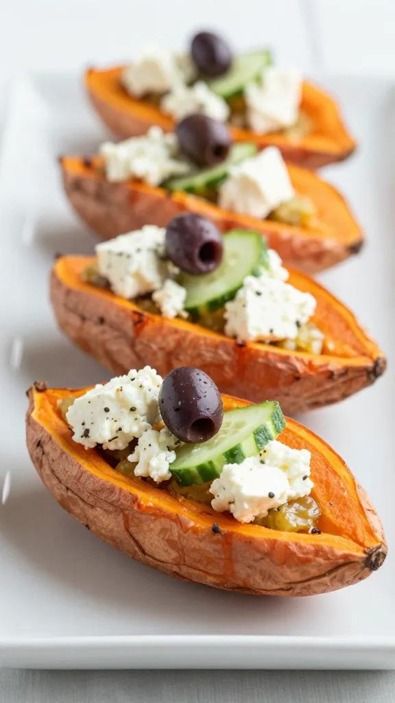 Mediterranean-style sweet potato boats, feta, olives, cucumber garnish, shallow depth of field