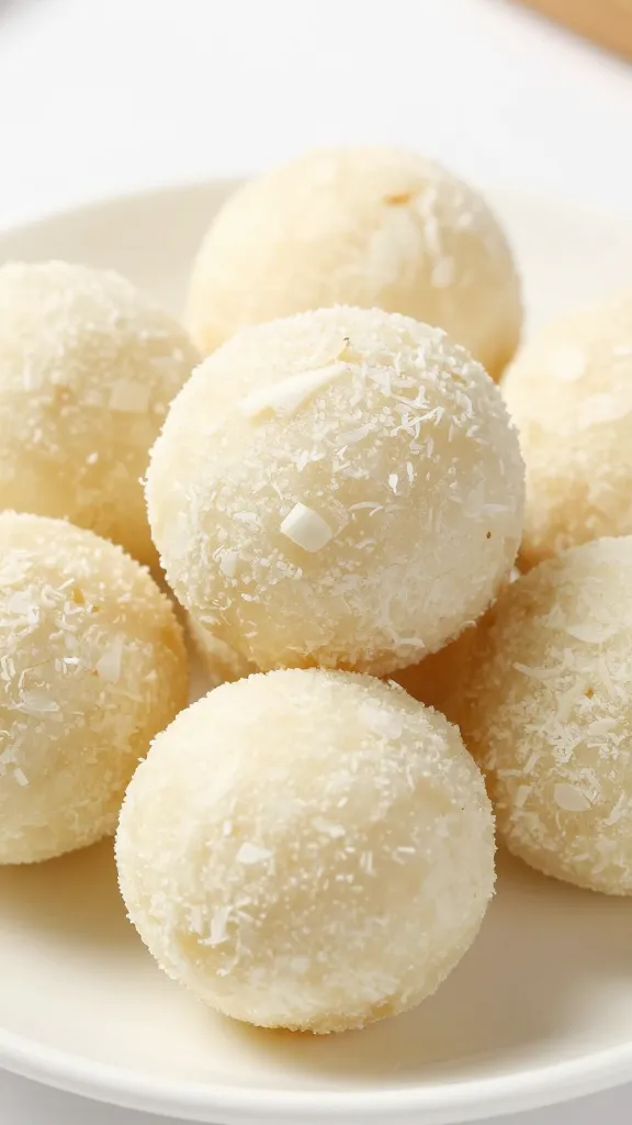 Gluten-free coconut ladoos on white plate, close-up