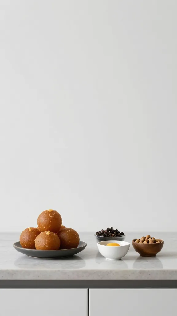 Minimalist kitchen scene with ladoos and ingredients set out