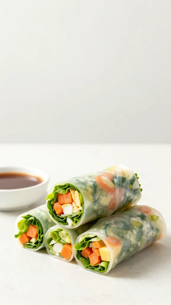 Close-up of colorful veggie fillings inside rice paper