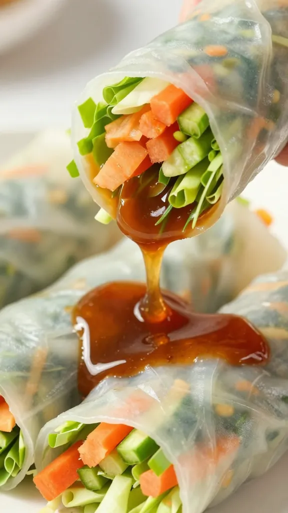 Platter of rainbow veggie rice paper rolls with dipping sauce