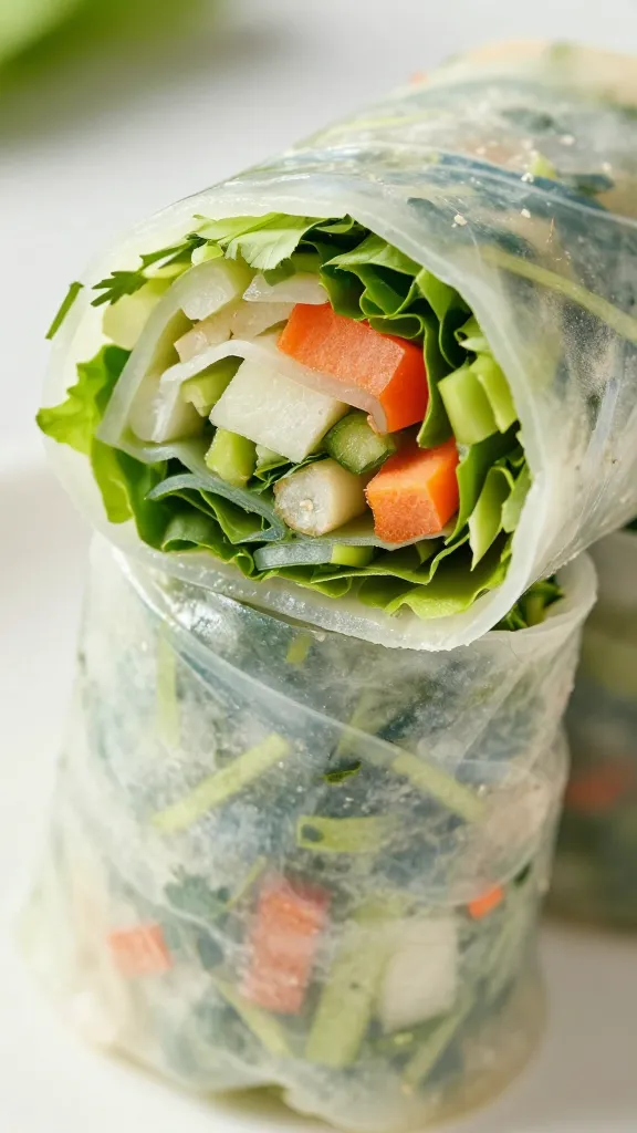 Fresh veggie rice paper rolls on white plate