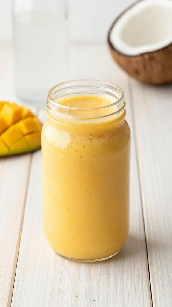 Bare wooden table, smoothie jar, mango chunks, coconut water backdrop