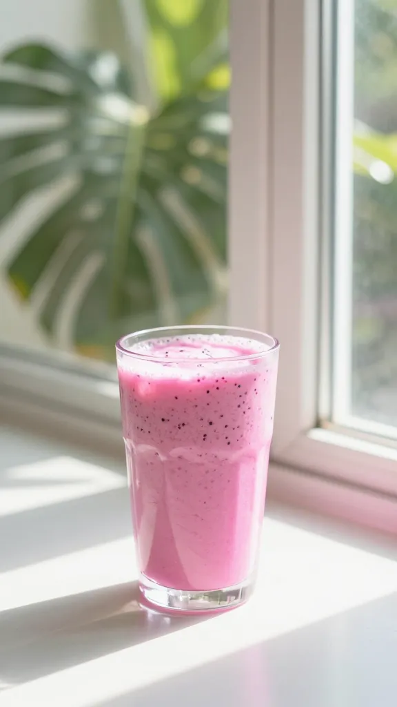 Bright tropical setup: pink smoothie, coconut, palm leaf backdrop