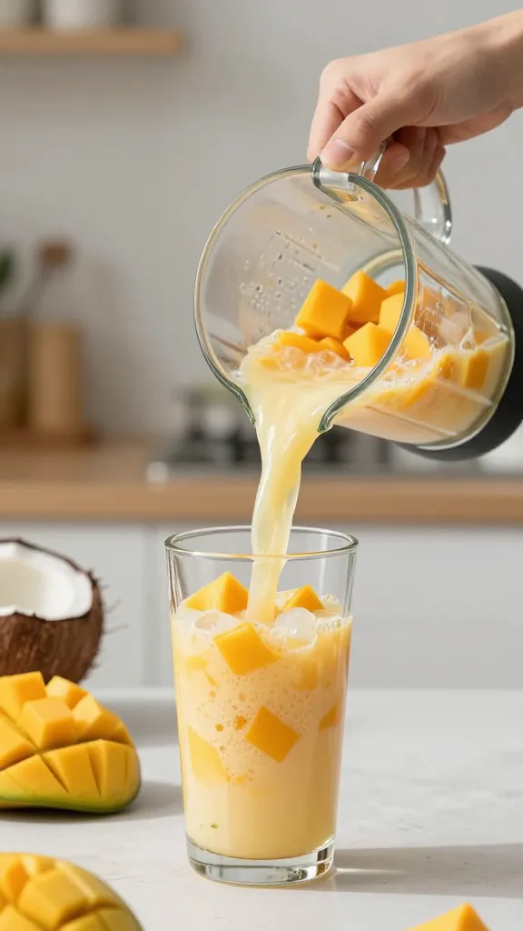 Close-up, creamy mango coconut water smoothie, frosted glass