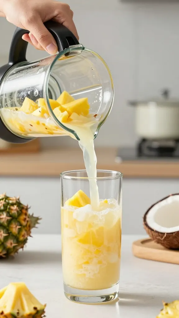 Close-up: blended pineapple coconut water with ice, tropical glow