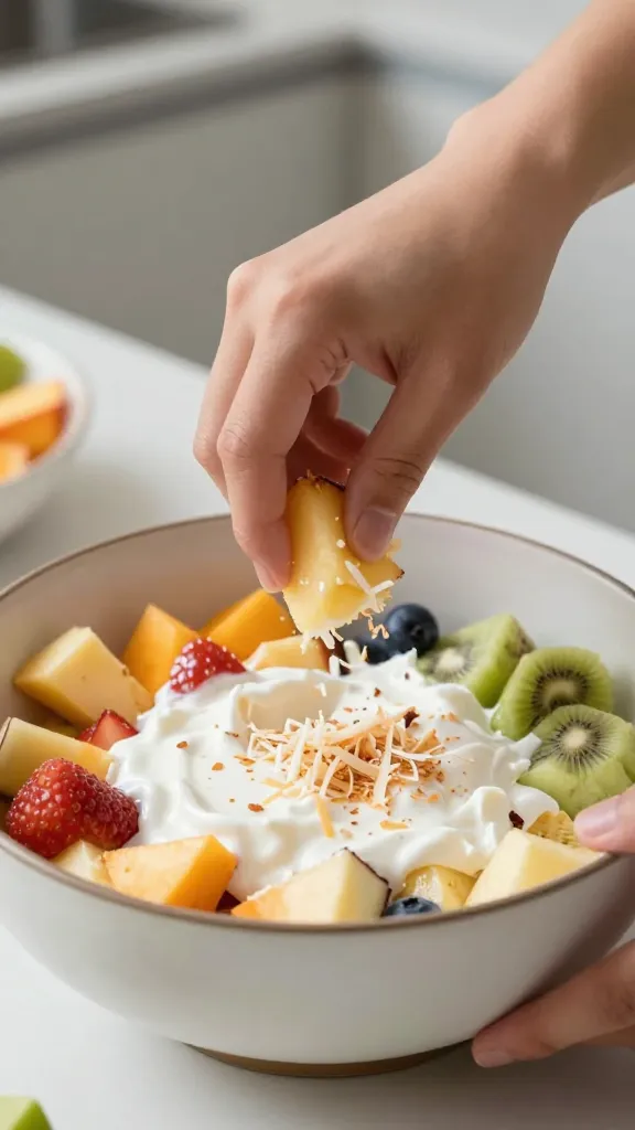 Pineapple chunks, coconut cream drizzle, cheesecake salad shot