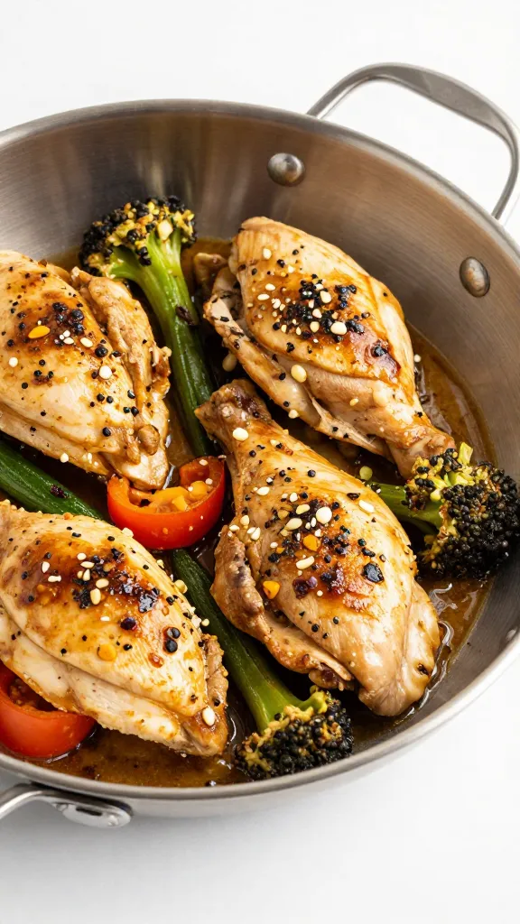 skillet garlic butter chicken with vegetables in stainless pan