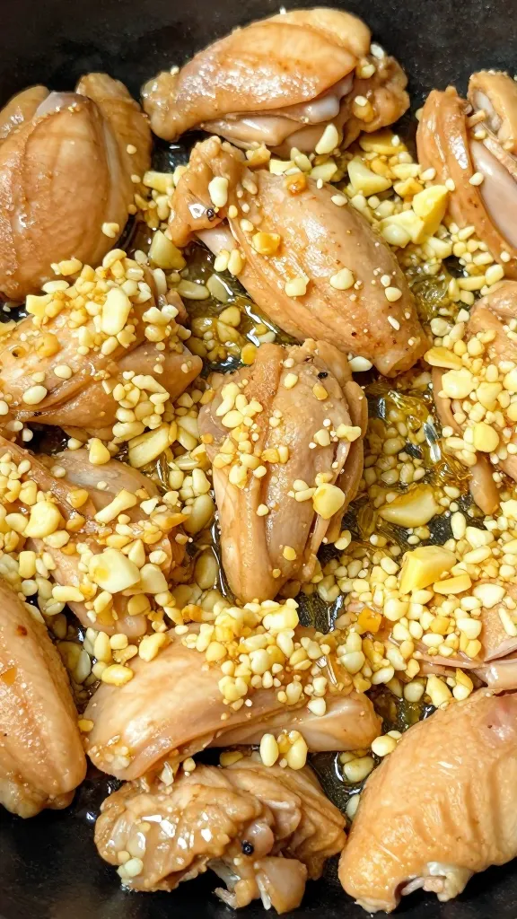 close-up of sizzling chicken and minced garlic in butter