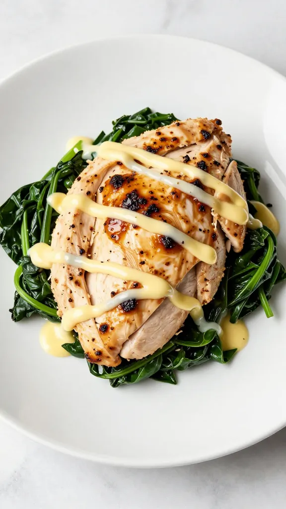 white plate serving of low-carb chicken with greens and butter drizzle