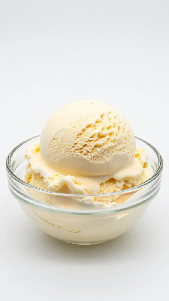 Creamy protein ice cream scoop in glass bowl, white background