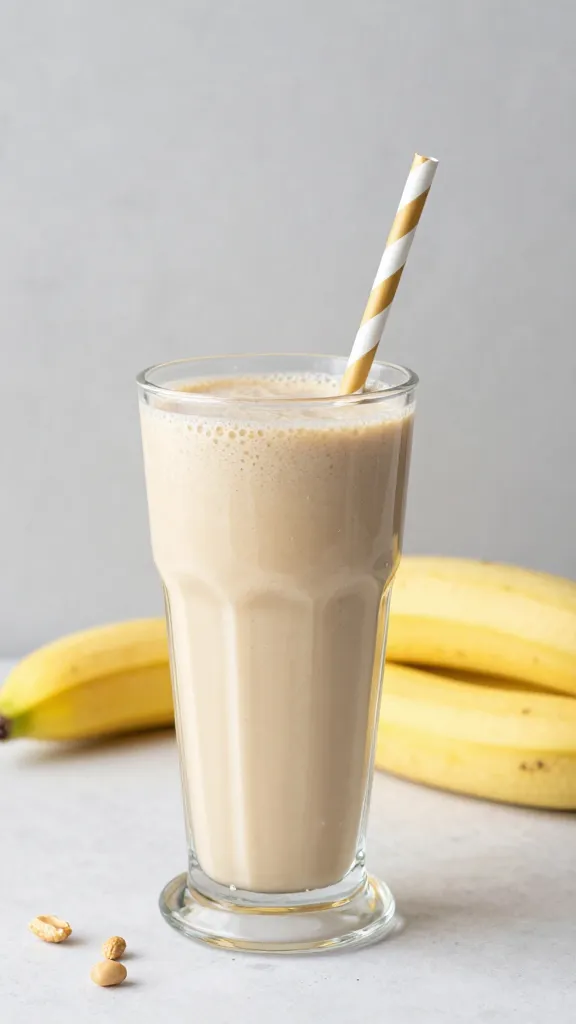 Creamy peanut butter banana smoothie in glass with straw, studio desk