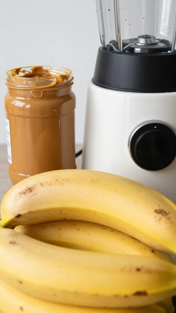 Close-up of ripe banana and peanut butter jars beside blender
