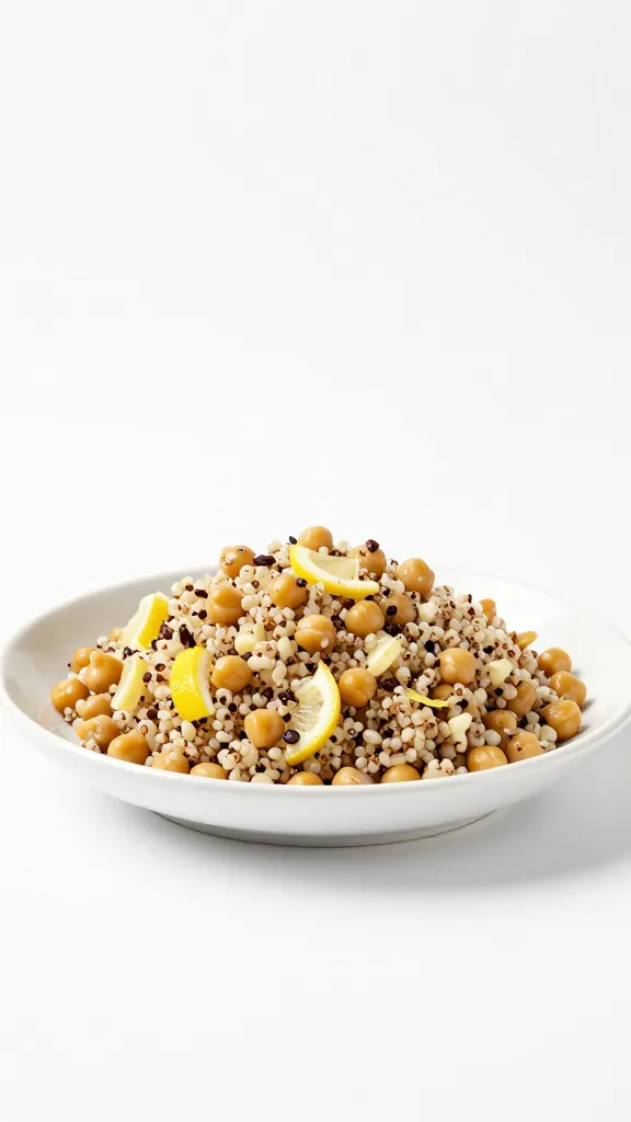 Studio shot: plated lemon quinoa chickpea salad, clean white background