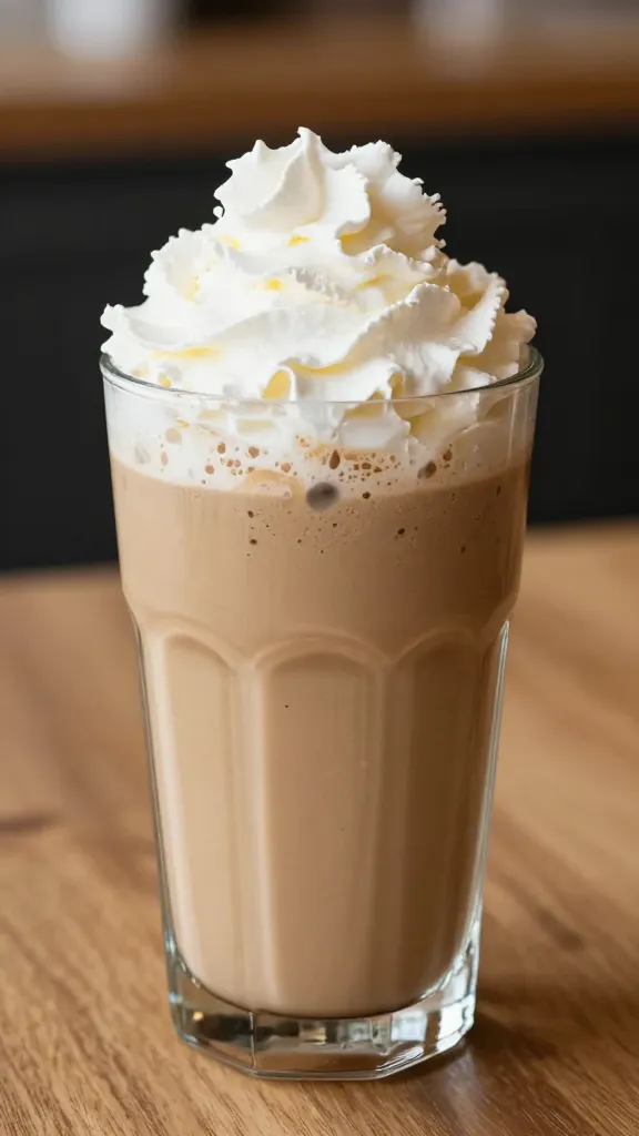 Glass of protein smoothie with coffee swirls, whipped cream optional