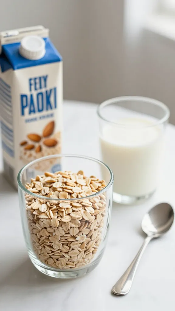 Breakfast setup: glass, oats, almond milk carton, spoon, soft morning light
