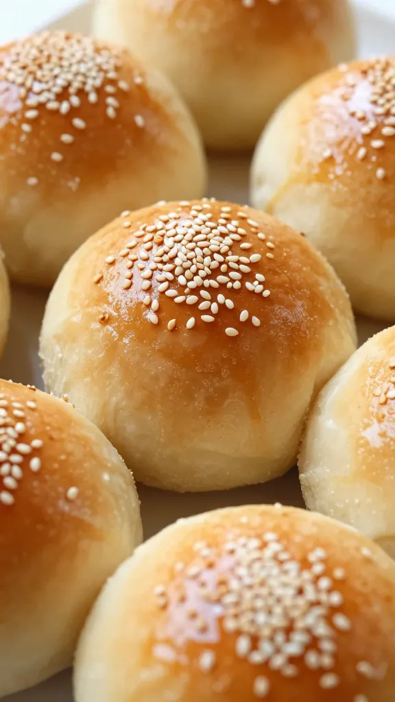 close-up of glossy sesame-topped GF buns