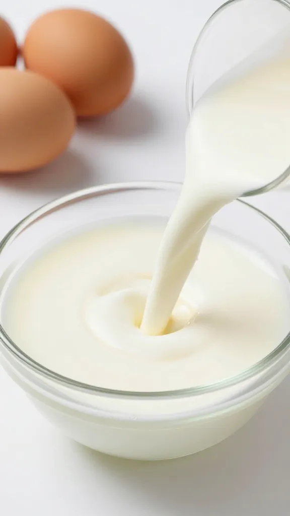 milk-glass bowl, eggs, and flour-free batter
