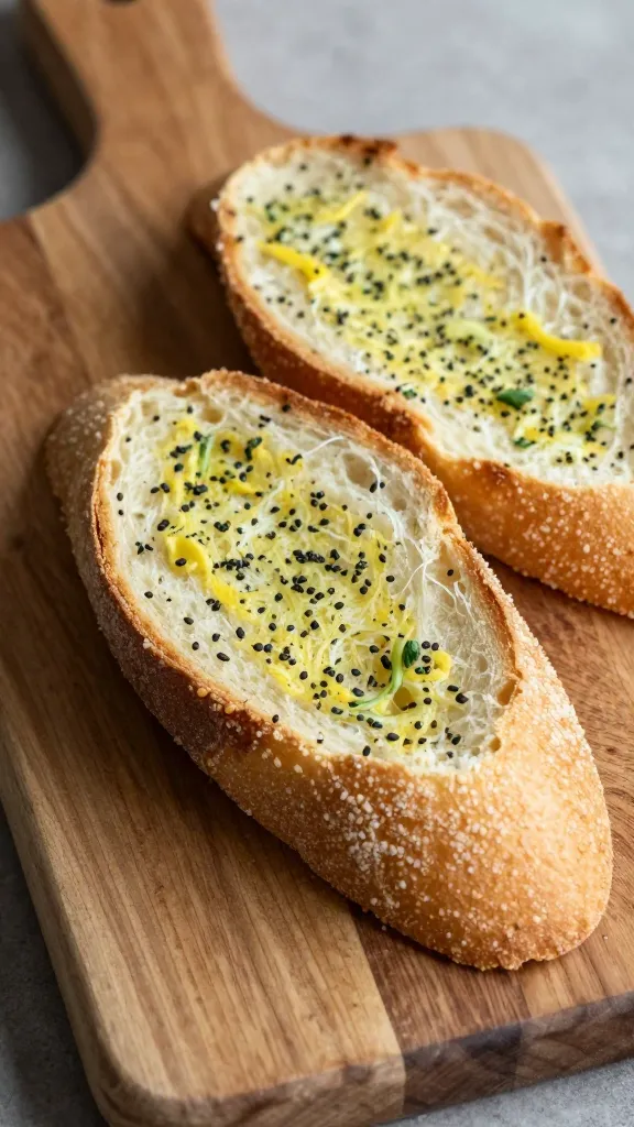 Gluten-free garlic bread on a rustic wooden board