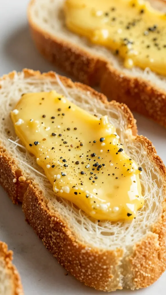 Crispy garlic butter gluten-free bread slices close-up