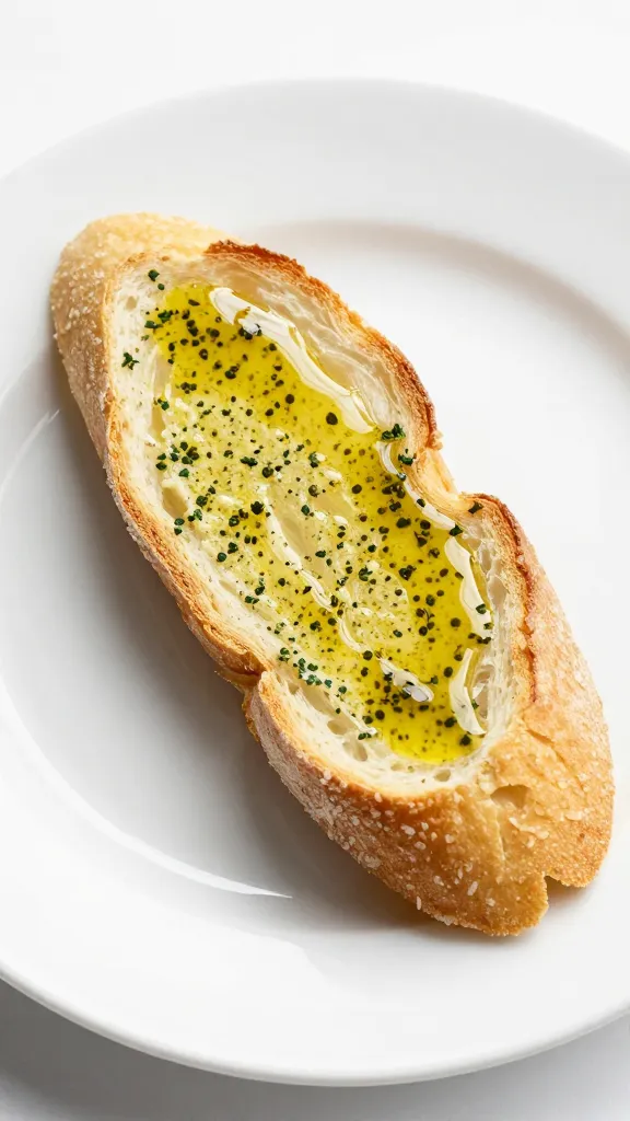 Garlic bread with olive oil drizzle on white plate