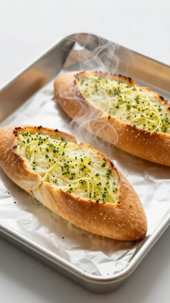 Garlic bread steam rising from foil-lined tray