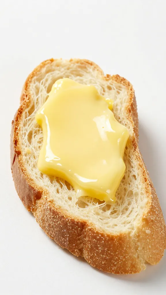 Garlic butter glistening on gluten-free bread wedge